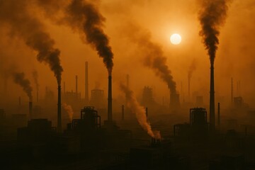 Effects of global warming evidenced by industrial pollution at sunset in a cityscape