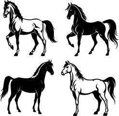 Horse movement and rest standing icon set, vector silhouette designs