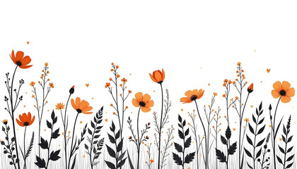 Monochrome silhouette illustration of various flower and plant species layered into a repeating pattern