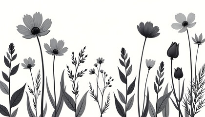 Monochrome silhouette illustration of various flower and plant species layered into a repeating pattern