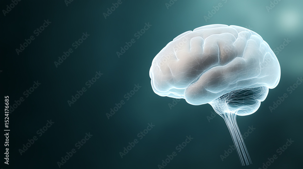 Poster digital representation of a brain symbolizing intelligence, thought, and creativity in a modern, abs