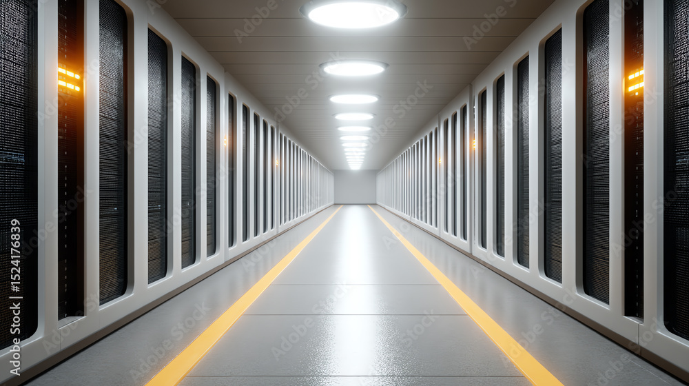 Poster futuristic corridor featuring illuminated panels and sleek design, perfect for showcasing modern arc