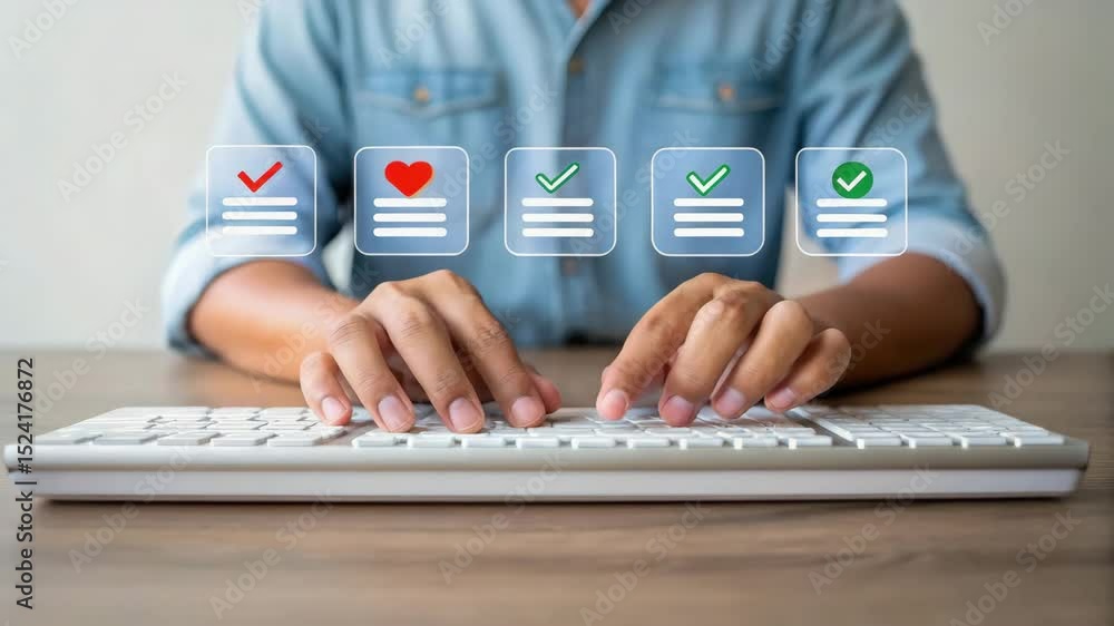 Poster person typing on a keyboard with digital checklists and icons floating above, symbolizing online sur