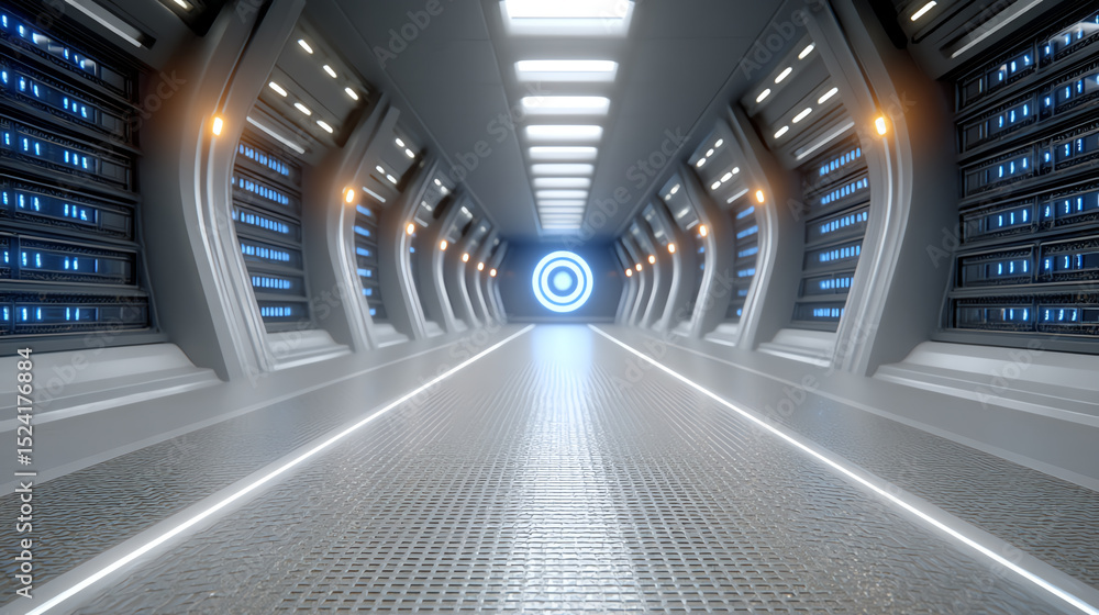 Aufkleber Futuristic hallway with blue lights and sleek design, resembling advanced technology setting for sci-fi concepts.