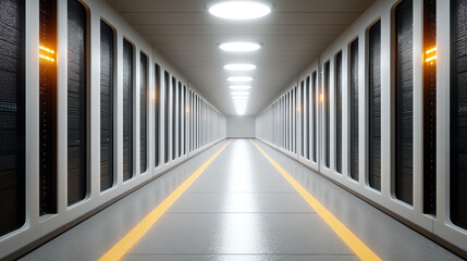 Fototapeta premium Futuristic corridor featuring illuminated panels and sleek design, perfect for showcasing modern architecture and technology.