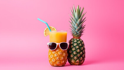 Pineapple juice drink summer tropical fruit fresh cocktail beverage pink background vacation party cool 100
