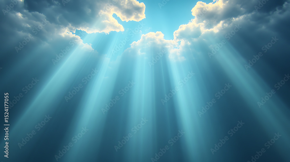 Poster Soft rays of sunlight pierce through clouds, creating a serene atmosphere. Perfect for nature lovers and tranquility seekers.