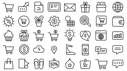 40 Black and White Line Art Icons E-commerce, Shopping, and Business Set