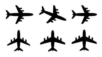 A Set of Six Black Airplane Silhouettes Vector Icons for Travel and Aviation Designs