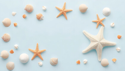 Seashells and starfish on light blue background summer beach vacation theme flat lay aesthetic 100 chars