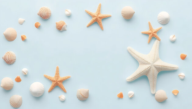 Seashells and starfish on light blue background summer beach vacation theme flat lay aesthetic 100 chars