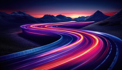Winding road with vibrant light trails at mountain sunrise