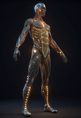 Dynamic glowing circuits illuminate cyborg figure, showcasing intricate details