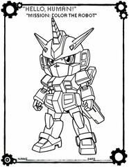 Printable coloring page featuring a detailed robot character in a bold outline style. Fun STEM-themed activity for kids and classrooms.	
