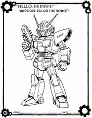 Printable coloring page featuring a detailed robot character in a bold outline style. Fun STEM-themed activity for kids and classrooms.	