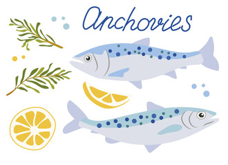 An exquisite and delicious illustration of anchovies presented beautifully with lemon and herbs