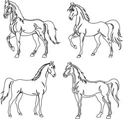 Horse  line art movement and rest standing icon set, vector silhouette designs