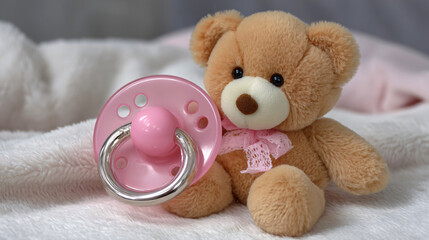 A pink pacifier and a teddy bear are sitting on a blanket. The teddy bear is wearing a pink ribbon