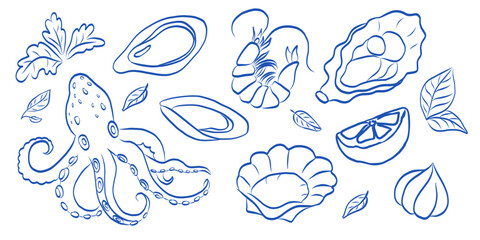 A beautifully stylized collection featuring various sea creatures and shellfish designs