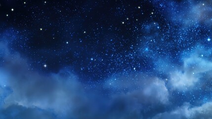 Fototapeta premium Serene Night Sky with Stars and Blue Cloudy Background – Ethereal Cosmic Glow, Deep Azure Hues, Gentle Cloud Veils, Starry Nightscape Aesthetics