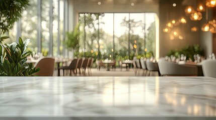 Modern restaurant interior with marble tabletop.