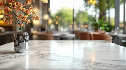 Polished marble tabletop displays a decorative vase of orange flowers in a modern cafe.