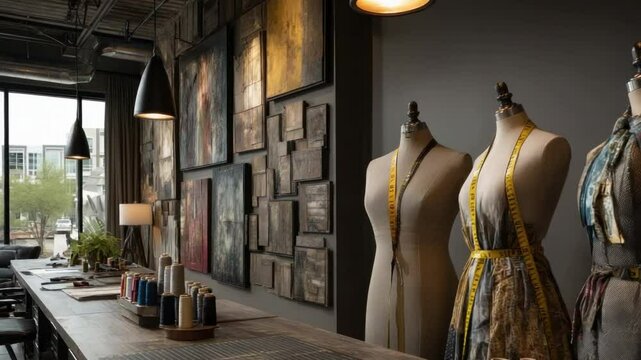 Elegant Atelier: A fashion designer's atelier, artfully arranged with mannequins showcasing intricate designs, the space is filled with creativity.