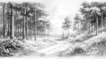 Pencil sketch of a path through a pine forest, with a landscape background