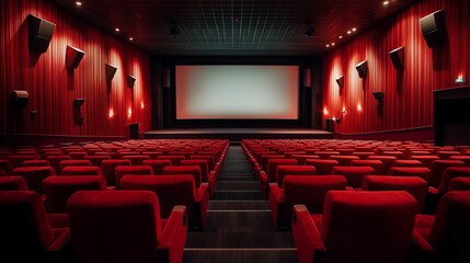 Empty movie theater interior, rich in red and dark tones.