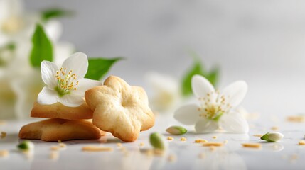 Clean background with jasmine shortbread cookies, scattered floral elements
