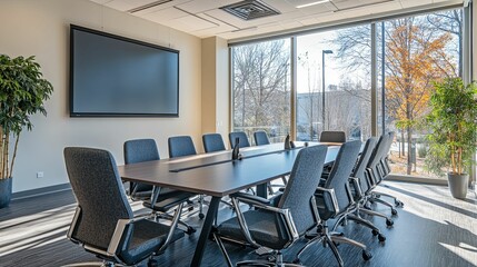 Modern conference room with large screen and panoramic views.