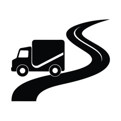 Black delivery truck driving on a winding road icon for transportation concepts
