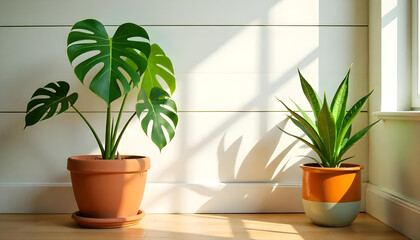Realistic rendering of indoor plants like monstera, fiddle leaf fig, and snake plant in terracotta pots, against a neutral wall