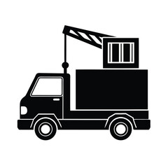 Black silhouette of a delivery truck with a crane lifting cargo box for logistics