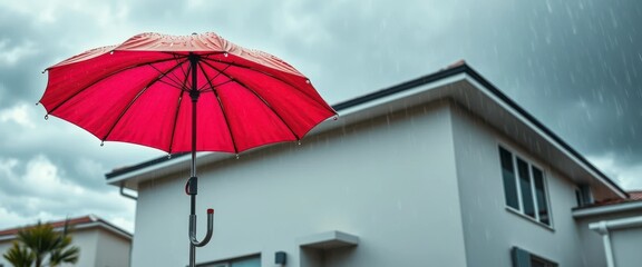 Fototapeta premium A crimson umbrella stands resiliently against a backdrop of a dwelling and a stormy sky, symbolizing protection and security during inclement weather.