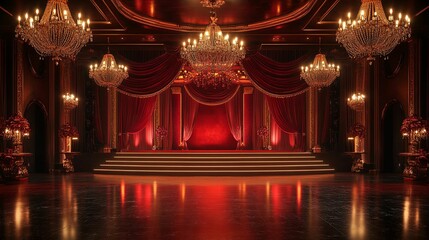 Luxurious red ballroom with opulent chandeliers and stage.