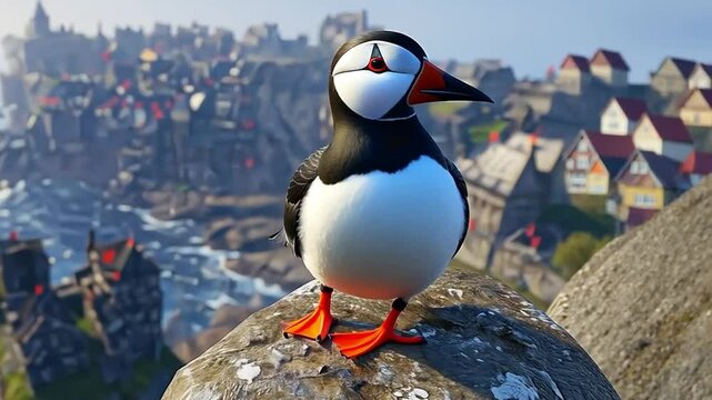 A vibrant animated puffin perched on a cliff overlooking a scenic coastline.