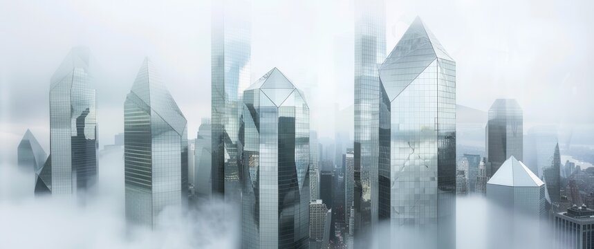 Fog embraces sterling silver corporate headquarters metallic diamond faceted mirror surfaces, urban backdrop logos signs.