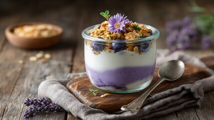 Flat lay of lilac-infused yogurt parfait, rustic wooden table, clean dishware