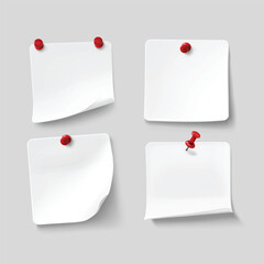 Collection of various white note papers with curled corner, pinned red pushbutton, ready for your message. Vector illustration. Isolated on white background. Front view. Top view. Close up.
