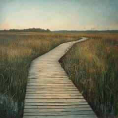 Obraz premium Walking boardwalk leading through dense marshland vegetation.