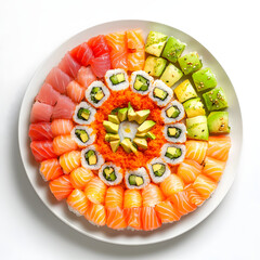Assorted Sushi Arrangement with Avocado and Mango Garnish