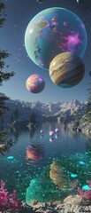 Fototapeta premium A surreal dreamscape giant planets hover above crystalline lakes bioluminescent flora shines ethereal light, noise.