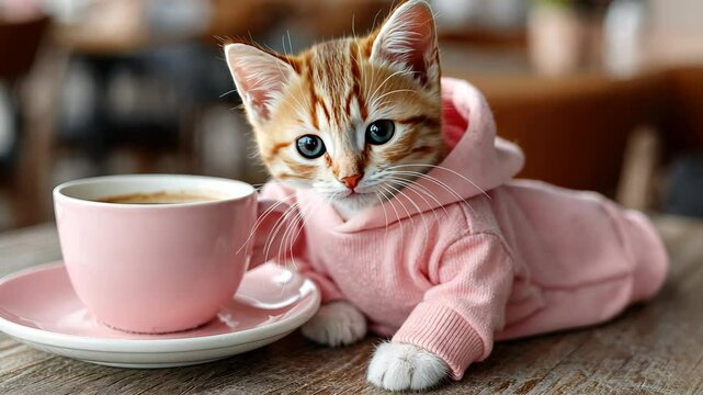 Playful kitten in a pink hoodie enjoys coffee at a cozy cafe, charming customers with its adorable antics