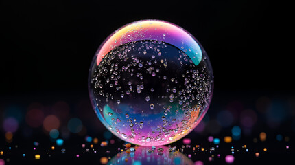 Beautiful soap bubble with rainbow colors and water droplets on dark background