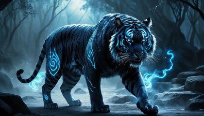 Majestic Dark Blue Tiger with Glowing Markings Walking in a Mystical Forest