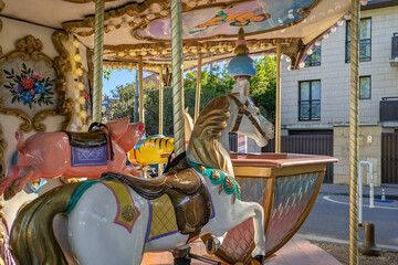 Marseille, Marseilles, France : Carousel horse and pink pig on a traditional fairground ride....