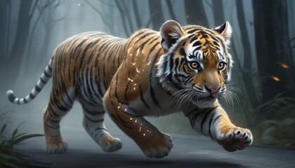 Obraz premium Majestic Tiger Cub Running Through Mystical Forest Path