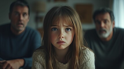 A child's concerned expression amidst two adults.