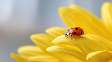 Obraz premium Vibrant ladybug with red and black spots sits on bright yellow flower petal, creating striking contrast against soft, blurred background